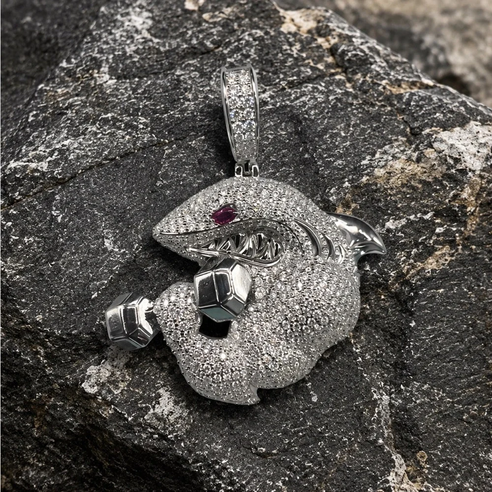 Iced Out Bodybuilder Shark Pendant - 925 Sterling Silver 3.90CT MOISSANITE